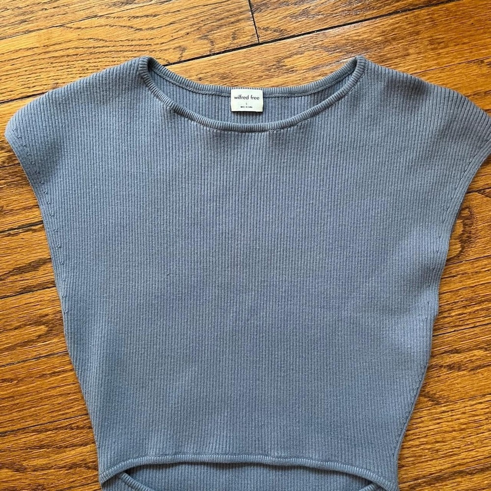 Wilfred Free Aritzia Slate Blue Ribbed Knit Cut Out Dress Small Mini Midi - Picture 2 of 7